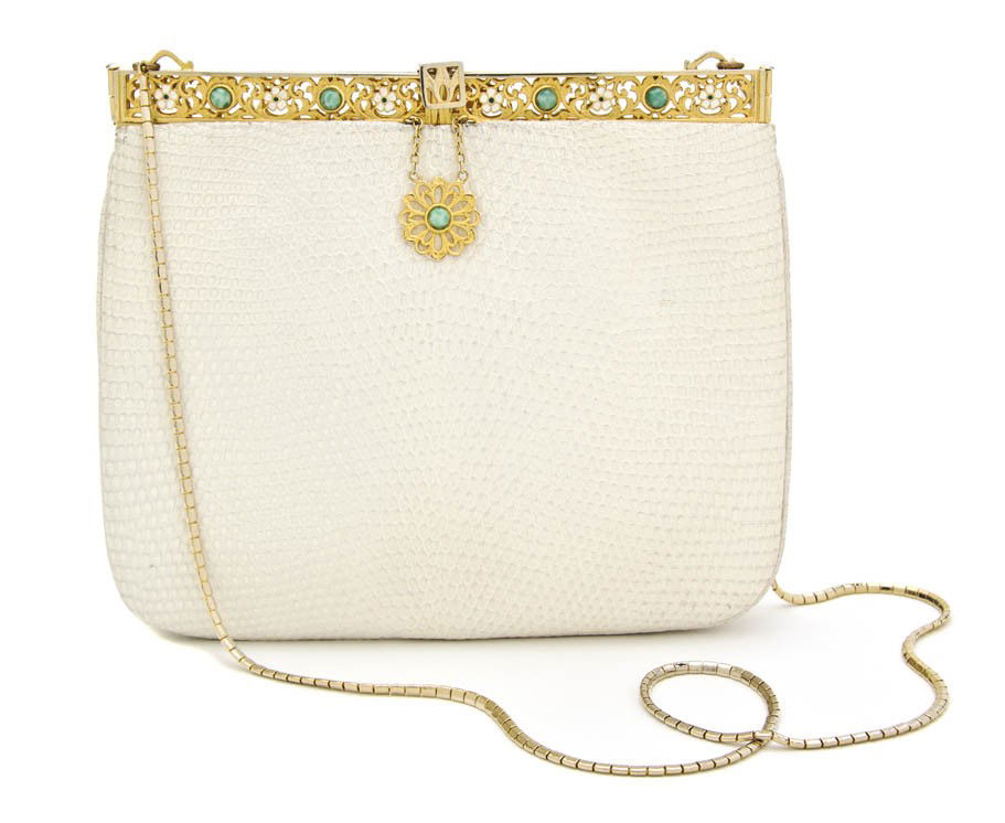 A Judith Leiber White Snakeskin Evening Bag. 7 x 6: A Judith Leiber White Snakeskin Evening Bag. Stamped: Judith Leiber. 7 x 6 inches. Property from the Estate of Barbara A. Walter, Santa Rosa, California