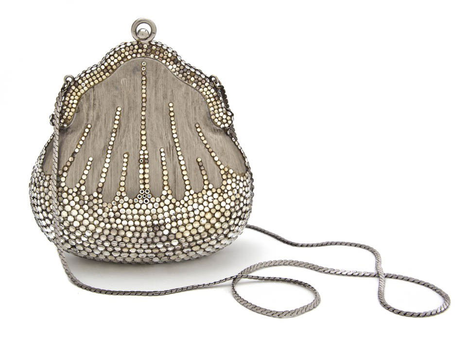 A Judith Leiber Silvertone Hardsided and Crystal E: A Judith Leiber Silvertone Hardsided and Crystal Evening Bag. Stamped: Judith Leiber. 5 x 5 inches. Property from the Estate of Barbara A. Walter, Santa Rosa, California