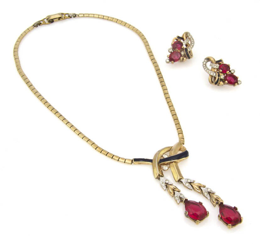 A Trifari Deco Suite,: A Trifari Deco Suite, comprised of a necklace and earclips. Stamped: Trifari.