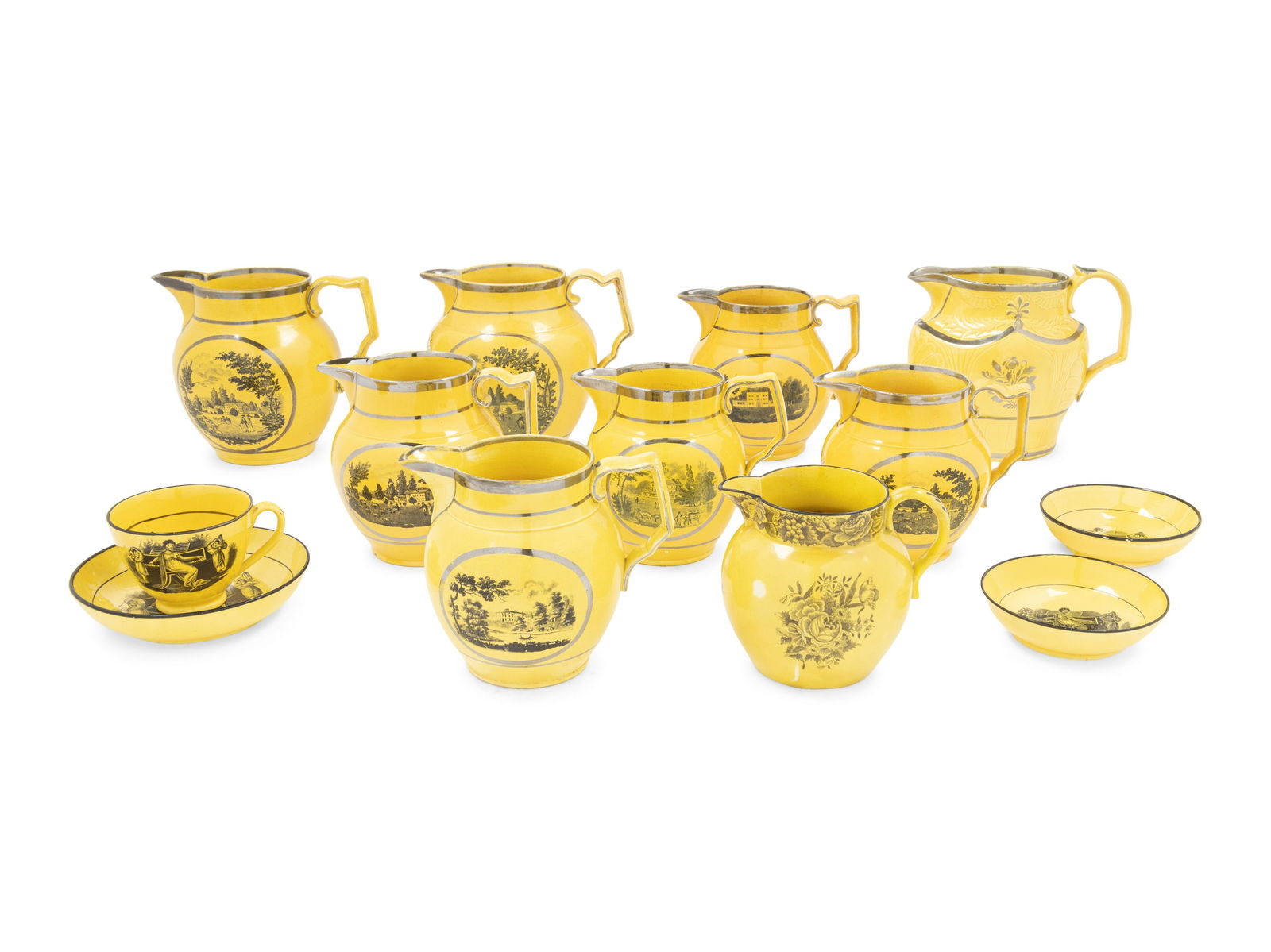 A Collection of Thirteen English Yellow Ground Transfer Wares (1 of 5)