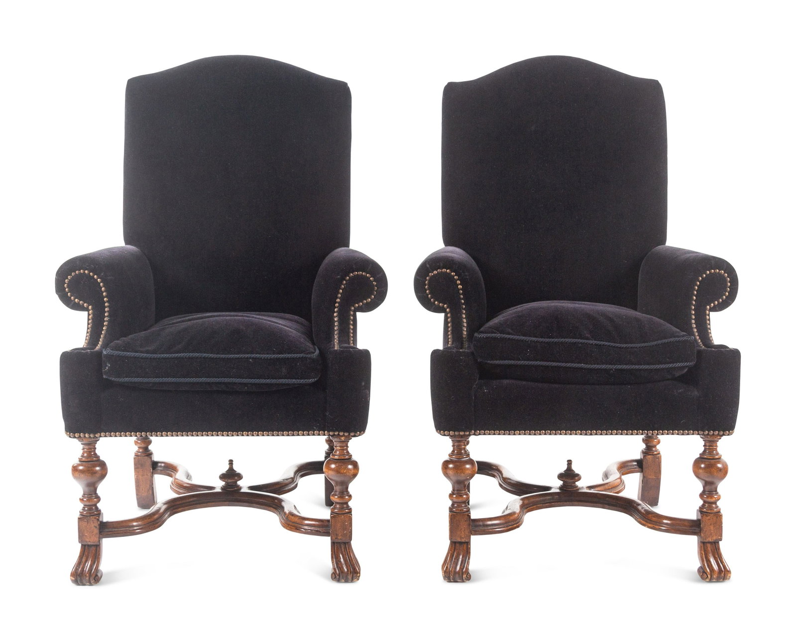 A Pair of William and Mary Style Velvet-Upholstered Walnut Armchairs: A Pair of William and Mary Style Velvet-Upholstered Walnut Armchairs 20th Century Height 47 1/2 x width 29 1/2 inches. This lot is located in Chicago.