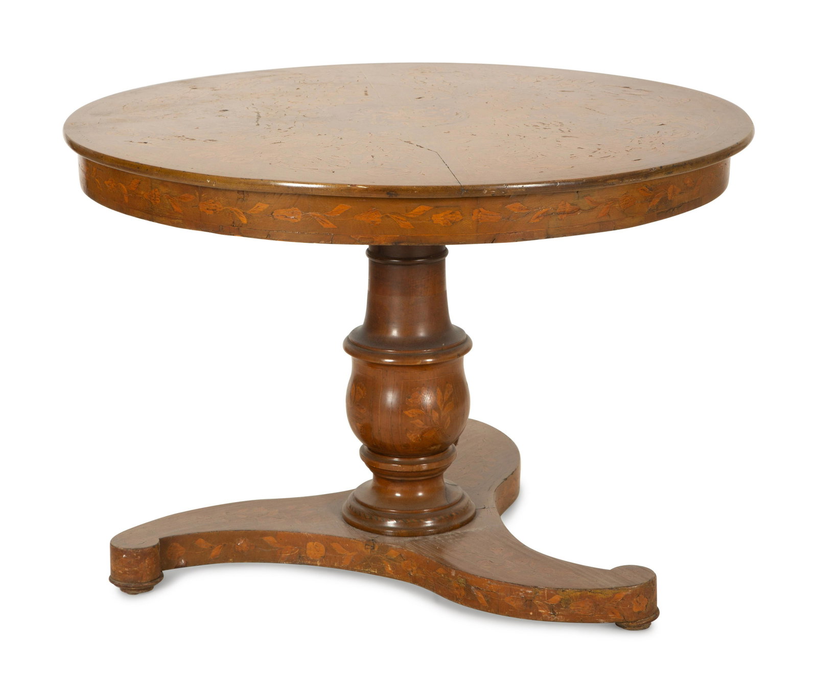 A Dutch Marquetry Inlaid Center Table: A Dutch Marquetry Inlaid Center Table 19th Century Height 29 x diameter 42 1/2 inches. This lot is located in Palm Beach.