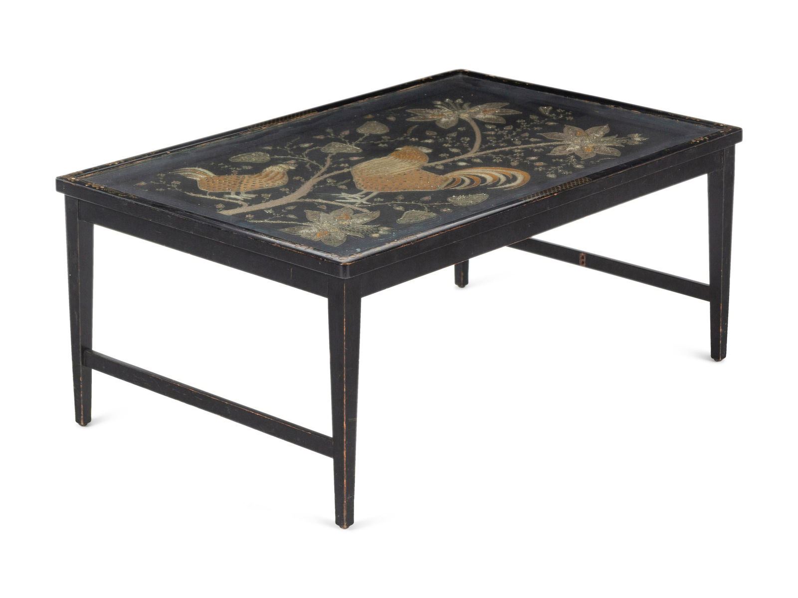 A Chinoiserie Decorated Vitrine Table Inset with an Embroidered Beadwork Picture (1 of 3)