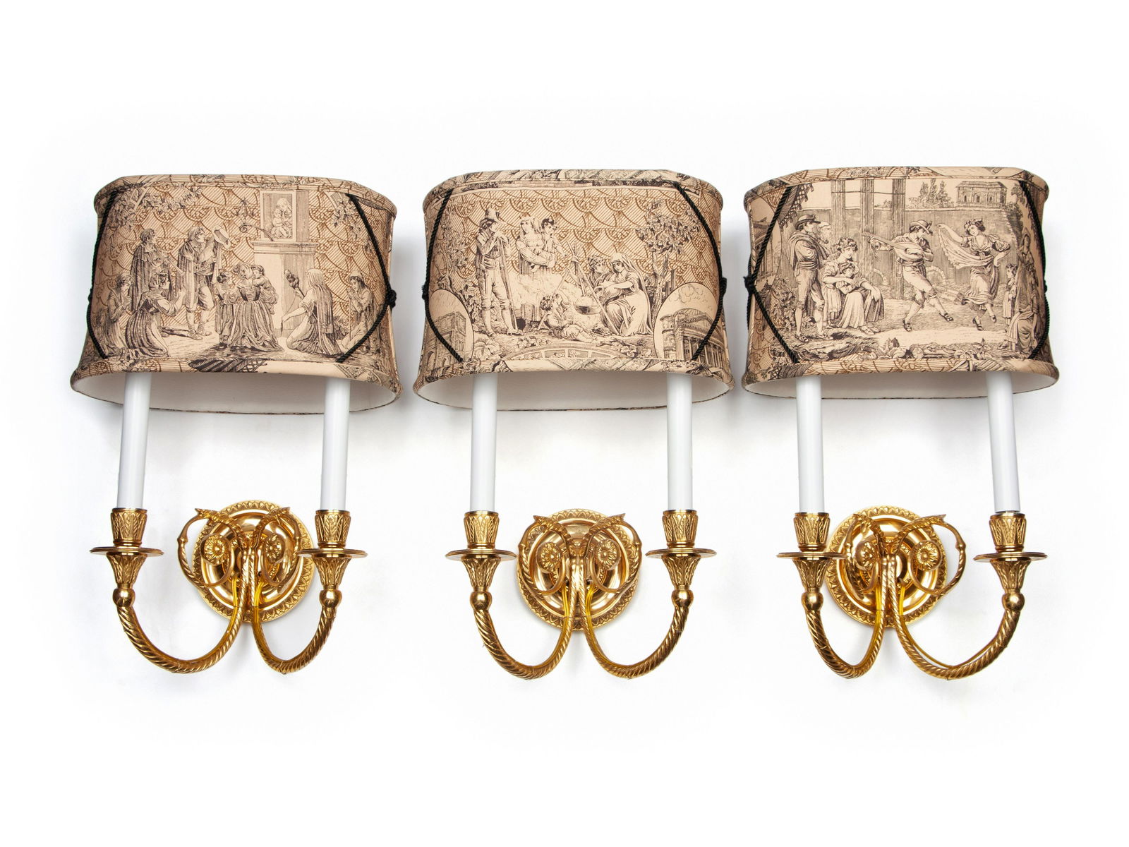 A Set of Three Gilt Metal Two-Light Sconces with Custom Shades (1 of 3)