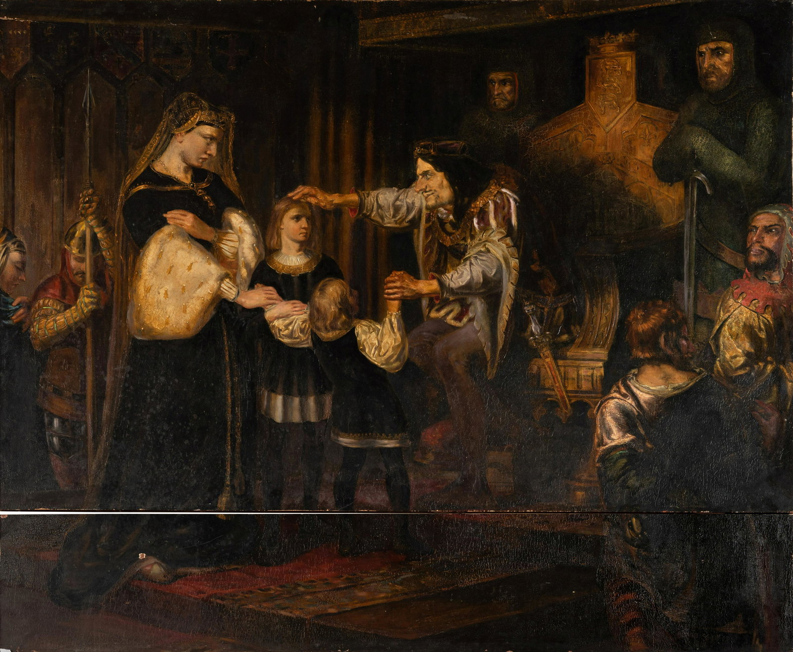 David Scott (British, 1806-1849) King Richard III with the Sons of Edward IV, 1828: David Scott (British, 1806-1849) King Richard III with the Sons of Edward IV, 1828 oil on two panels signedDavid Scottand dated (lower right of lower panel) Overall 58 x 70 3/4 inches. This lot is loc