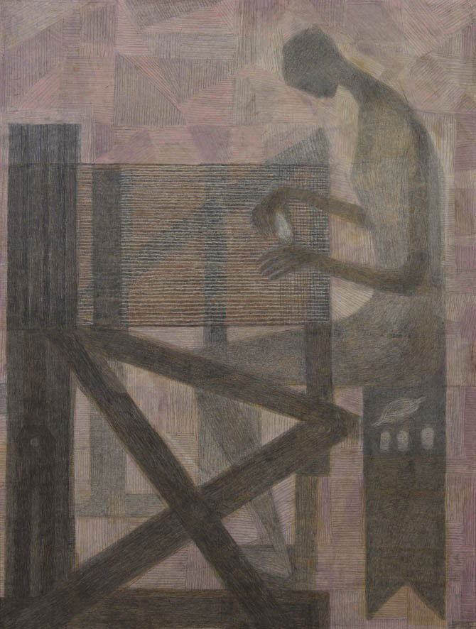 Margo Hoff, (American, 1912-2008), The Loom: Margo Hoff (American, 1912-2008) The Loom collage and casein on board signed Hoff (lower right) 40 x 30 inches. Provenance: Fairweather-Hardin Gallery, Chicago, Illinois