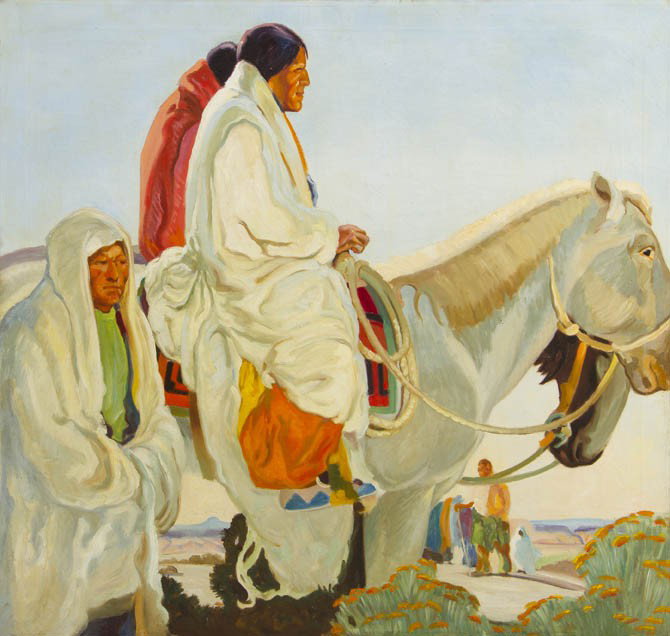 After Victor William Higgins, (American, 1884-1949: After Victor William Higgins (American, 1884-1949) Fiesta Day oil on canvas 32 1/4 x 34 1/4 inches. Property from the Estate of John D. Wilson, Columbus, Ohio