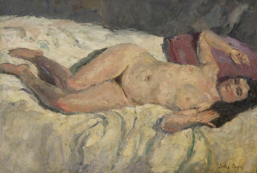 Jules Eugene Pages, (American, 1867-1946), Femme N: Jules Eugene Pages (American, 1867-1946) Femme Nue Allongee oil on canvas signed Jules Pages (lower right) 12 1/2 x 17 1/2 inches.