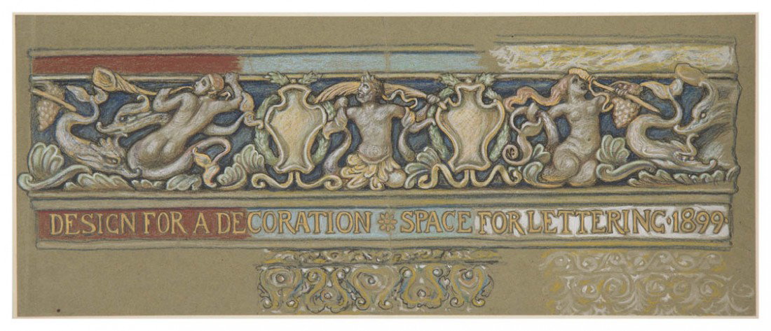 Elihu Vedder, (American, 1836-1923), Design for A: Elihu Vedder (American, 1836-1923) Design for A Decoration, 1899 charcoal, pastel, gouache, and gold paint on paper 7 1/2 x 18 inches. Property from the Ralph Esmerian Collection, New York, New York