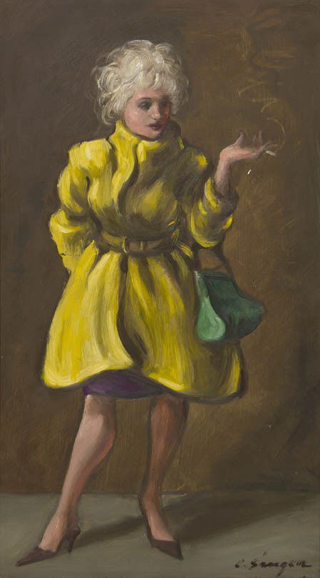 Clyde Singer, (American, 1908-1998), The Yellow Co: Clyde Singer (American, 1908-1998) The Yellow Coat oil on board signed C. Singer (lower right) 13 1/4 x 7 1/2 inches.