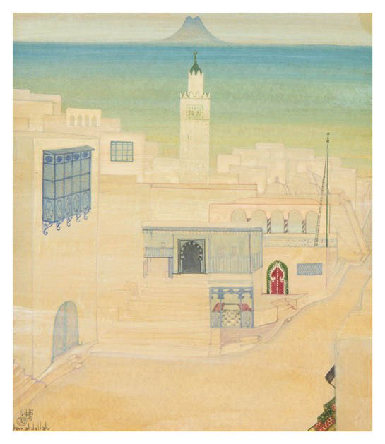 Jellal Ben Abdallah, (Tunisian, b. 1921), Courtyar: Jellal Ben Abdallah (Tunisian, b. 1921) Courtyard oil on board signed Ben Abdallah in Arabic (lower left) 4 5/8 inches x 5 1/2 inches.
