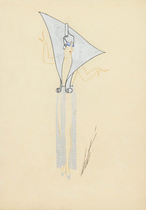 Erte, (French, 1892-1990), Lady in Silver, 1936: Erte (French, 1892-1990) Lady in Silver, 1936 gouache on paper signed Erte (lower right); stamped and dated (verso) 14 x 9 3/4 inches.