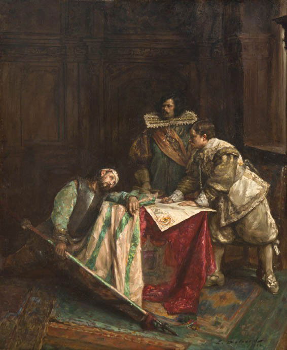 Hippolyte Francois Leon Duluart, (French, 1871-195: Hippolyte Francois Leon Duluart (French, 1871-1953) A Change in Strategy, 1902 oil on panel signed L. Duluart and dated (lower right) 28 3/4 x 23 3/4 inches.