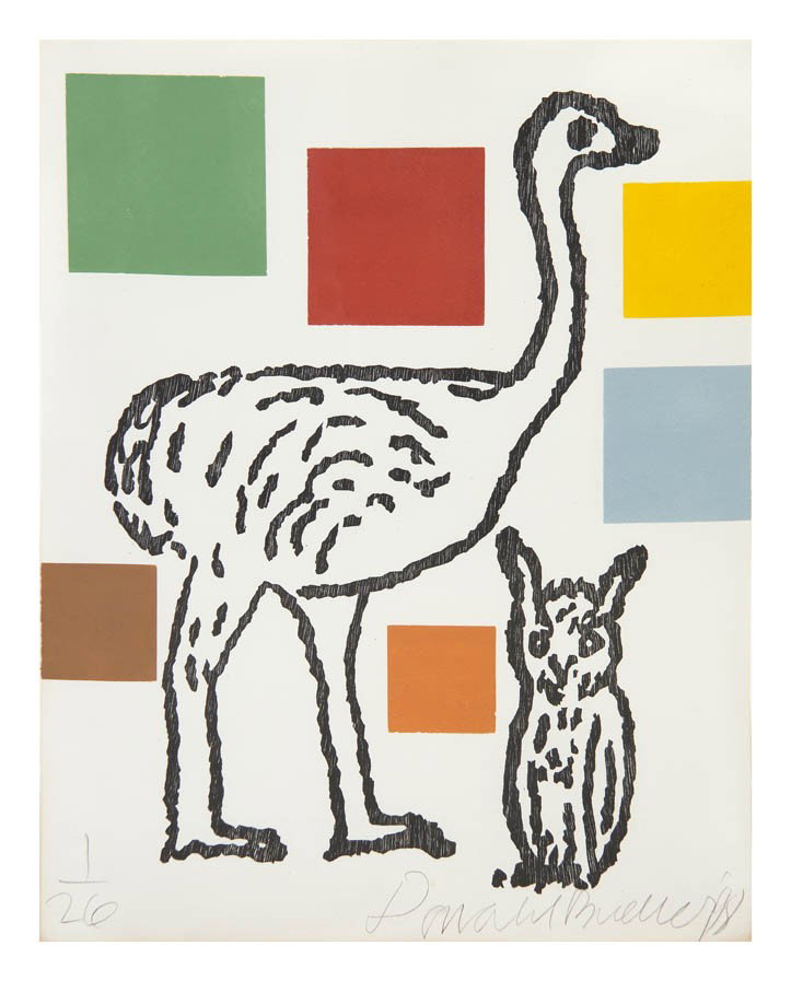Donald Baechler, (American, b. 1956), Abstract Co: Donald Baechler (American, b. 1956) Abstract Composition with Ostrich and Owl, 1998 woodblock and linoblock edition 1/26, signed Donald Baechler(lower right) 23 x 18 inches. Property