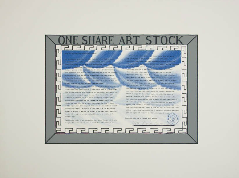 Roger Brown, (American, 1941-1997), One Share Art: Roger Brown (American, 1941-1997) One Share Art Stock, 1989 lithograph edition 7/50, signed Roger Brown (lower right) 13 1/2 x 18 1/2 inches.
