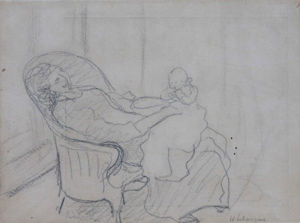 Henri Lebasque, (French, 1865-1937), Mother and C: Henri Lebasque (French, 1865-1937) Mother and Child, and on verso, an artist's proof of a birth announcement pencil on paper, etching proof (verso) signed "H. Lebasque" (lower right) 7 x 9 1/2 inches.