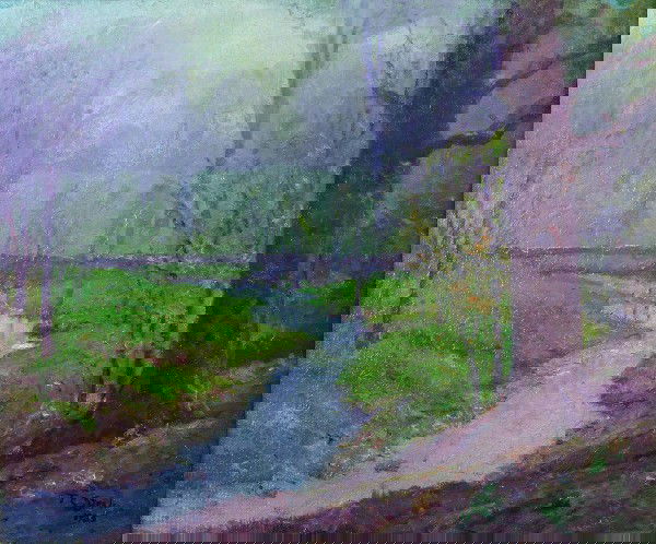 Theodore Clement Steele, (American, 1847-1926), T: Theodore Clement Steele (American, 1847-1926) The Bridge over the Jordan River oil on canvas posthumously signed "T. C. Steele, 1925" (by artist's wife) 25 x 30 inches. Provenance: Irwin Management Co