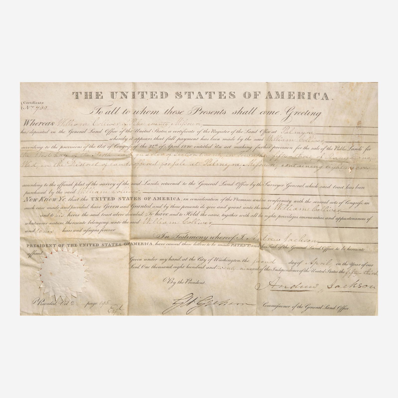 [Presidential] Jackson, Andrew Partially-Printed Land Patent, signed (1 of 2)