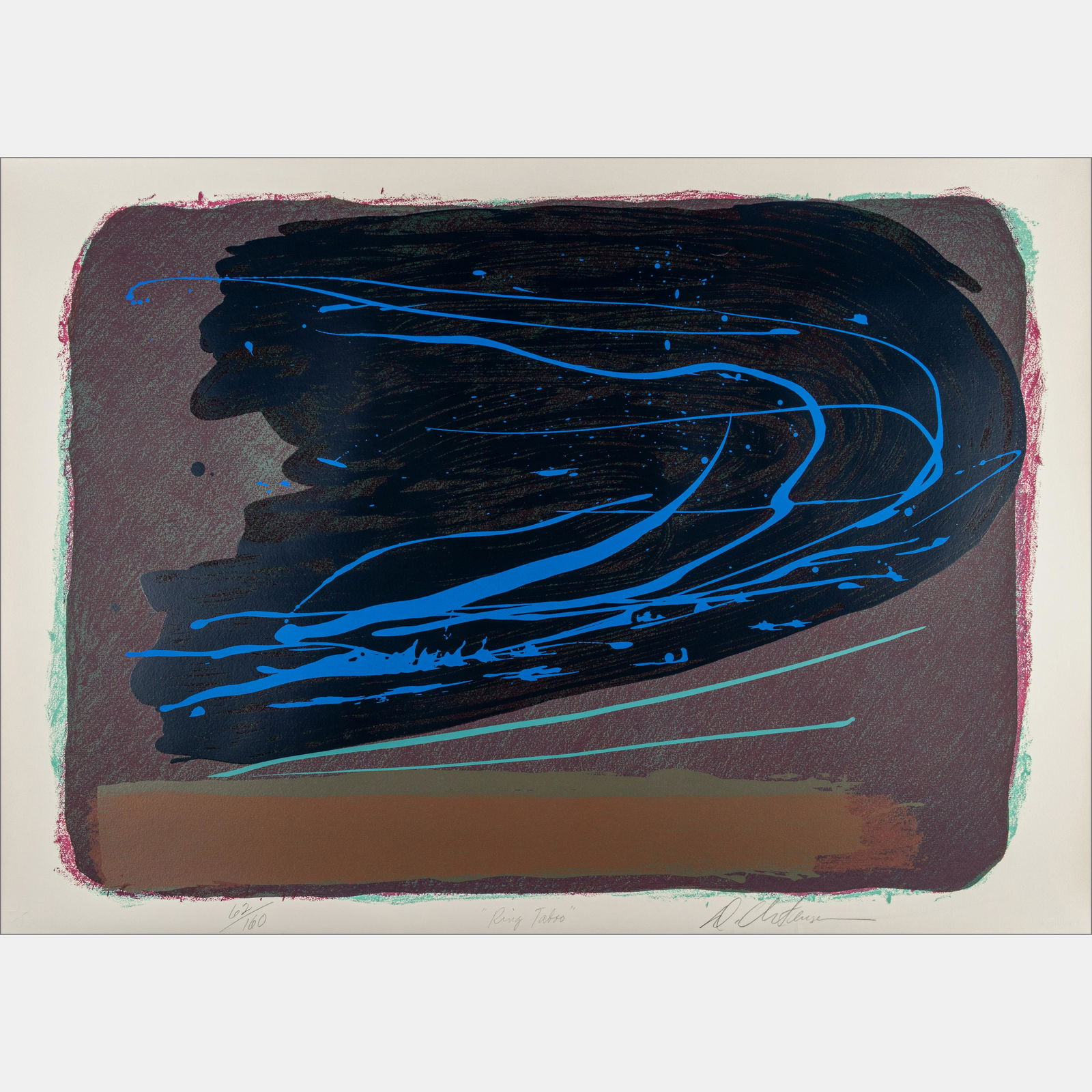 Dan Christensen (American, 1942-2007) Ring Taboo: Dan Christensen (American, 1942-2007) Ring Taboo screenprint signed, titled, and numbered 62/160 in pencil 36 1/2 x 27 This lot is located in Chicago. Deaccessioned from the Boca Raton Museum of Art t
