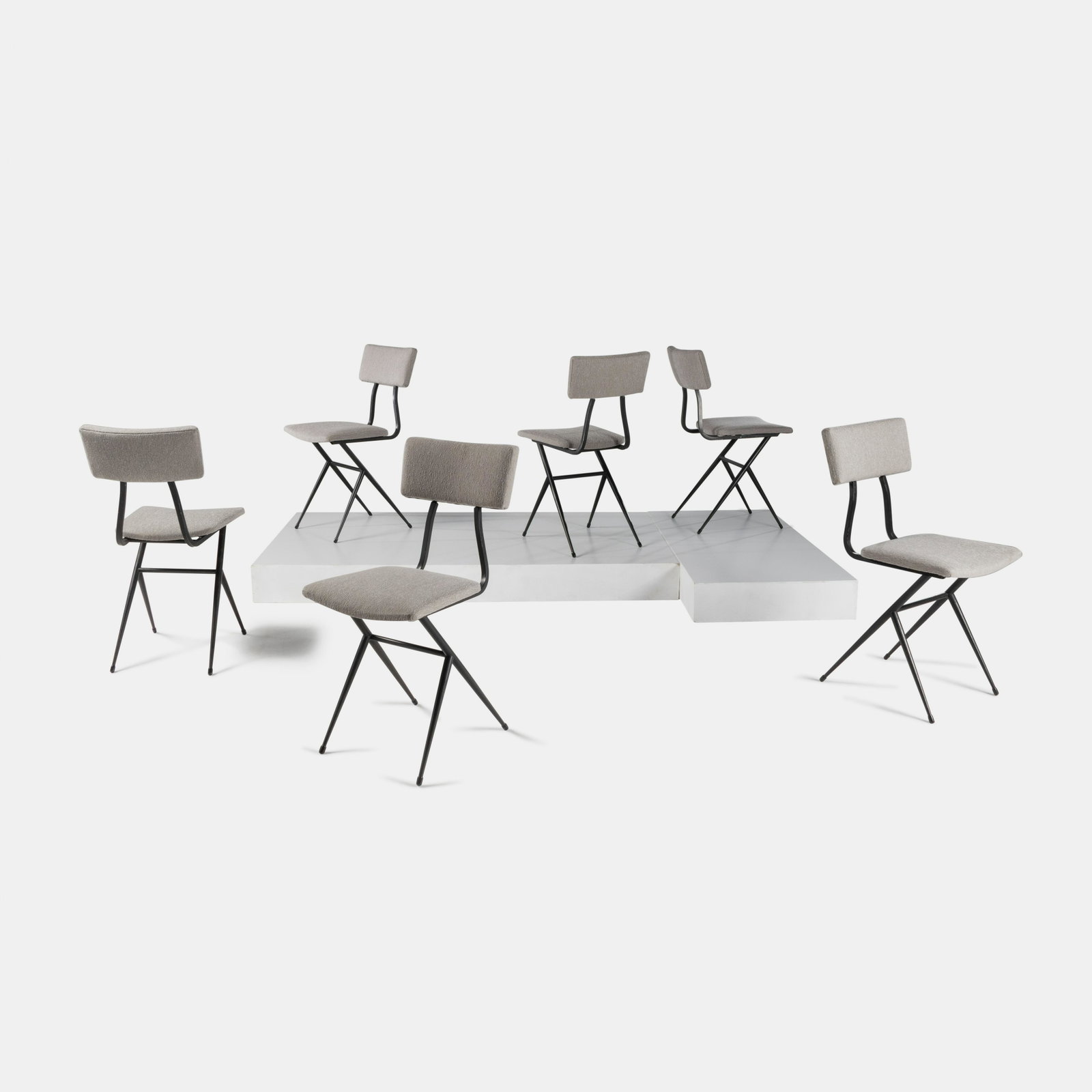 Dutch Mid 20th Century Set of Six Dining Chairs: Dutch Mid 20th Century Set of Six Dining Chairs upholstery, enameled steel H 31 1/2 x W 14 x D 16 inches This lot is located in Chicago.