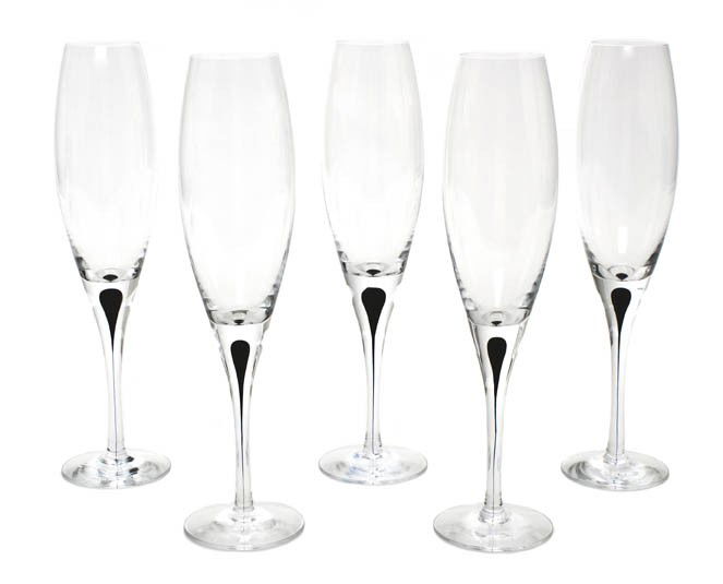 A Set of Fourteen Orrefors Glass Champagne Flutes,: A Set of Fourteen Orrefors Glass Champagne Flutes, each stem having a black glass inclusion, raised on a circular foot. Height 9 3/4 inches.