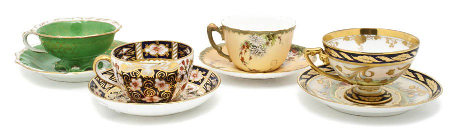 Eleven Porcelain Teacups and Saucers, Height of ta: Eleven Porcelain Teacups and Saucers, comprising examples by Cauldon, Wedgwood, Royal Worcester, Dresden, Minton, Royal Crown Derby and Allerton & Carlsbad. Height of tallest 2 1/2 inches. Property fr