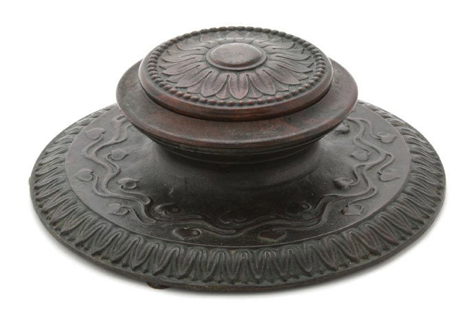A Tiffany Studios Bronze Inkwell, Height 3 1/2 inc: A Tiffany Studios Bronze Inkwell, in the Greek pattern, impressed Tiffany Studios New York 1030. Height 3 1/2 inches.