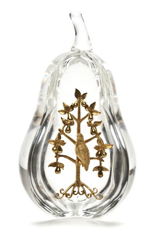A Steuben Glass and 18 Karat Gold Partridge in a P: A Steuben Glass and 18 Karat Gold Partridge in a Pear Tree, modern, in the form of a pear and inset with a gold partridge in a tree, engraved Steuben, together with original fitted case. Height 6 1/2
