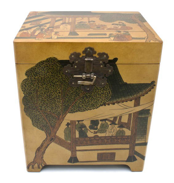 A Chinese Style Wood Chest, Height 18 x width 15 x: A Chinese Style Wood Chest, of rectangular form, depicting figures, pagodas and trees on a gold ground. Height 18 x width 15 x depth 11 inches.