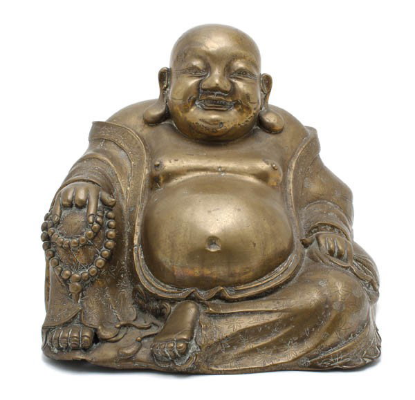 A Southeast Asian Bronze Buddha, Height of first 1: A Southeast Asian Bronze Buddha, in a seated position with exaggerated ears and belly, holding prayer beads, together with a Chinese cloisonne enamel flower bowl. Height of first 11 1/4 inches.