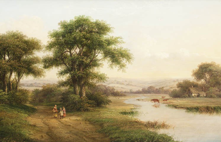 Walter Heath Williams, (English, 1835 - 1906), Lan: Walter Heath Williams (English, 1835 - 1906) Landscape with Figures Standing oil on canvas 23 x 19 inches.