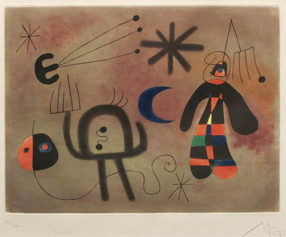 After Joan Miro, (Spanish/French, 1893-1983), Abst: After Joan Miro (Spanish/French, 1893-1983) Abstract Figures, 1952 colored etching edition 190/200, signed Miro and dated (lower right) 13 1/2 x 17 1/2 inches.