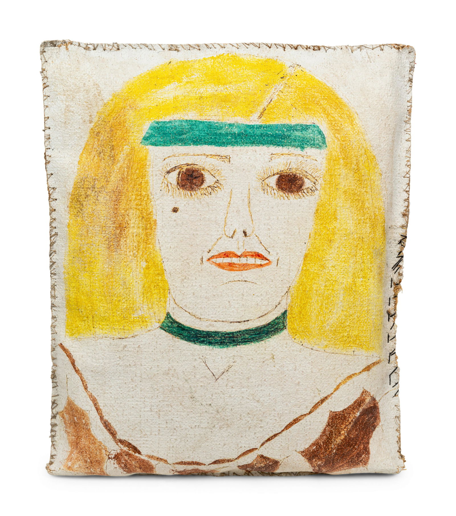 Lee Godie (American, 1908-1994) Untitled (Woman with Grapes): Lee Godie (American, 1908-1994) Untitled (Woman with Grapes) double-sided ink and watercolor on stuffed pillowcase signed Lee (lower right); signed Lee Godie (verso) 18 1/2 x 15 x 3 inches. This lot i