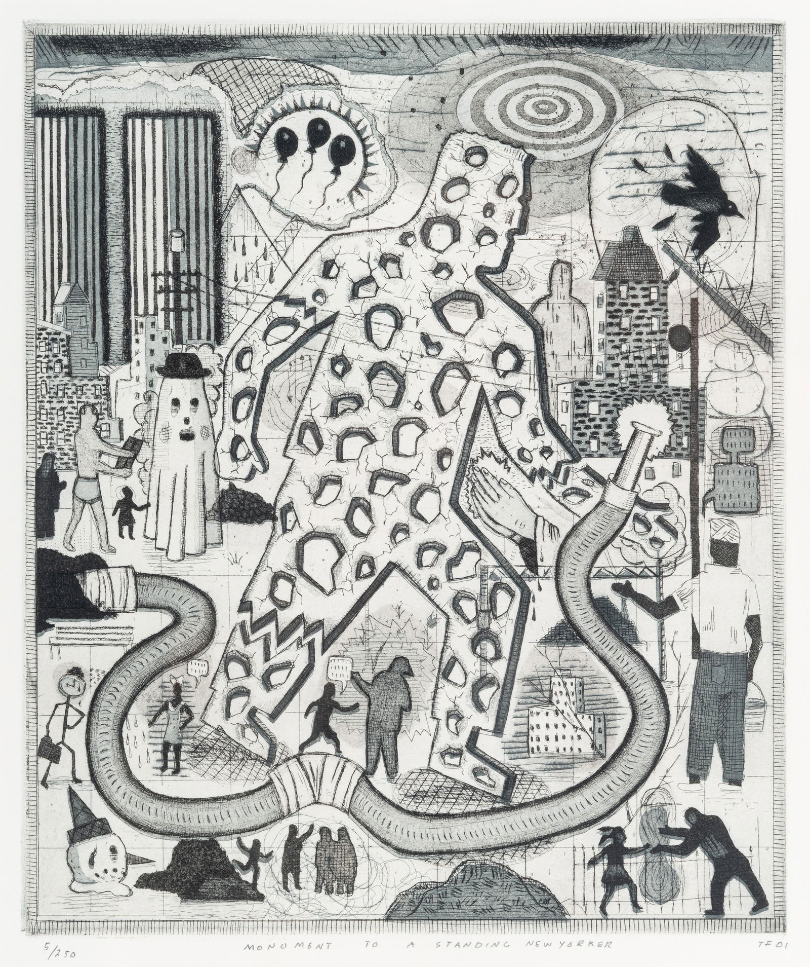 Tony Fitzpatrick (American, b. 1958) Monument to a Standing New Yorker, 2001: Tony Fitzpatrick (American, b. 1958) Monument to a Standing New Yorker, 2001 etching and aquatint initialed, titled, dated and numbered 5/250 in pencil 11 3/4 x 9 3/4 inches. Property from a Private C