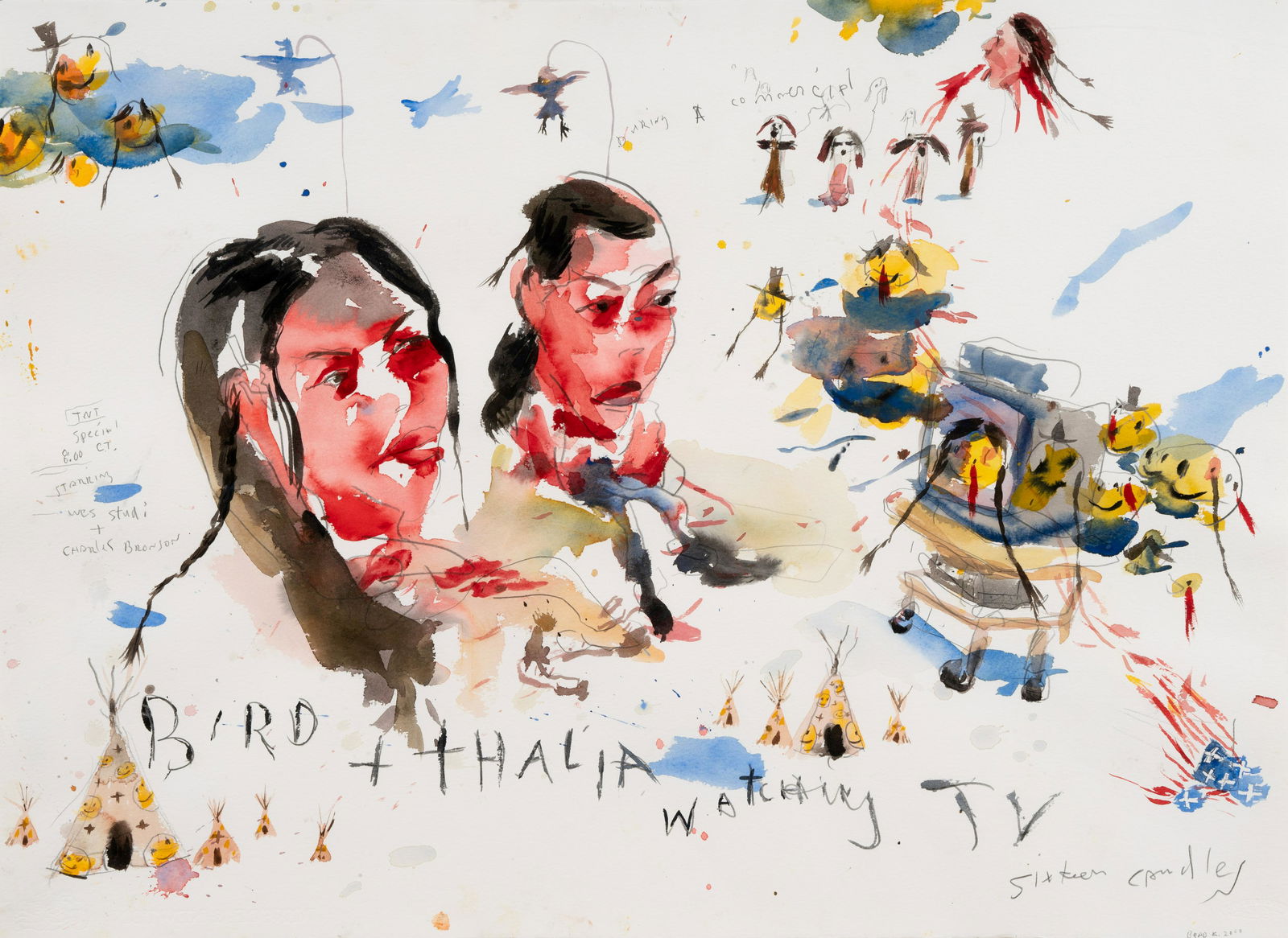 Brad Kahlhamer (American, b. 1956) Bird + Thalia Watching TV Sixteen Candles, 2000: Brad Kahlhamer (American, b. 1956) Bird + Thalia Watching TV Sixteen Candles, 2000 watercolor and pencil on paper signed Brad K and dated (lower right); titled (lower left) 22 x 30 inches. This lot is
