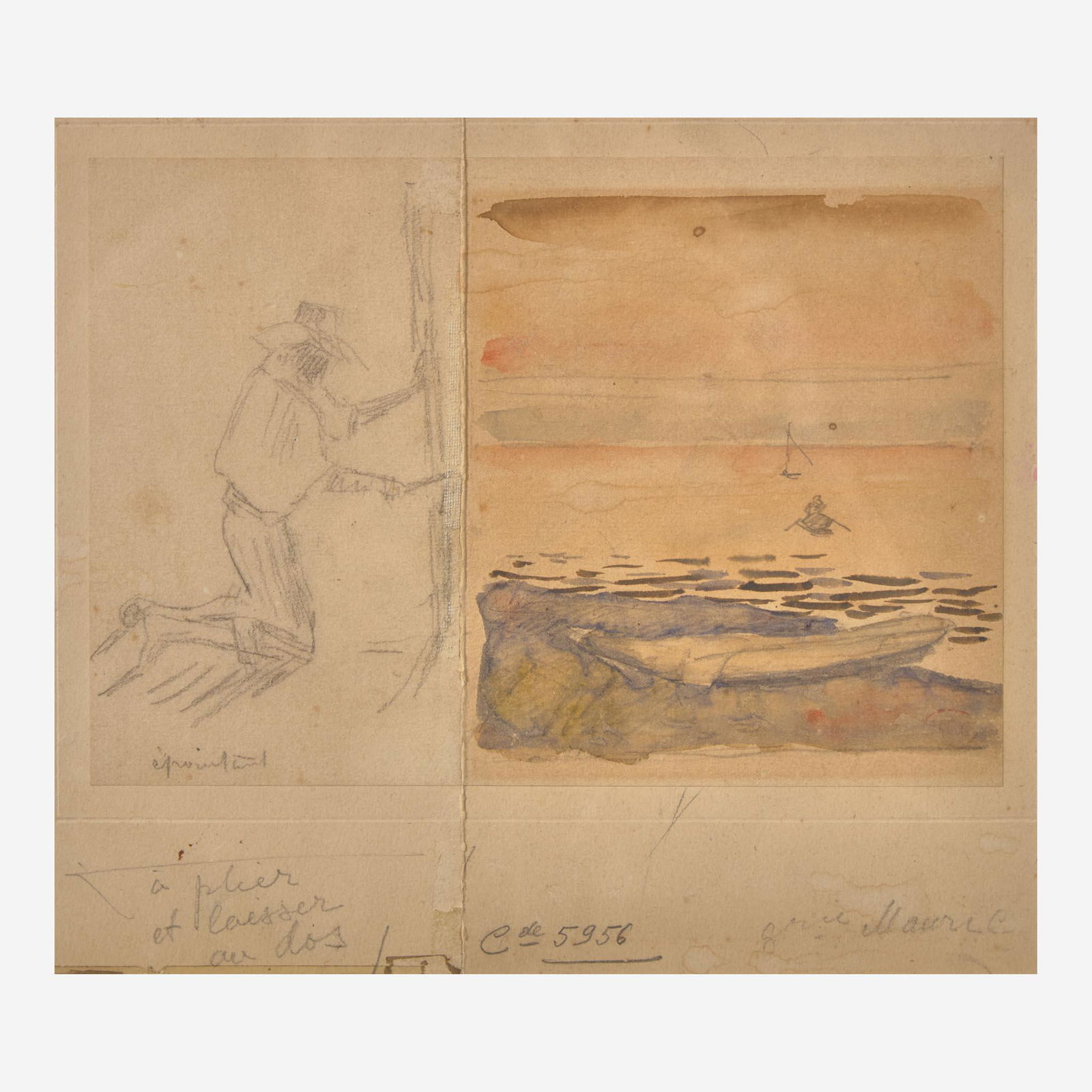 Henri-Edmond Cross (French, 1856–1910) Marine at Sunset with Sketch of a Painter: Henri-Edmond Cross (French, 1856–1910) Marine at Sunset with Sketch of a Painter Faintly stamped 'HEC' in red bottom right, graphite and watercolor on paperSheet size: 9 3/8 x 12 1/8 in. (23.8 x