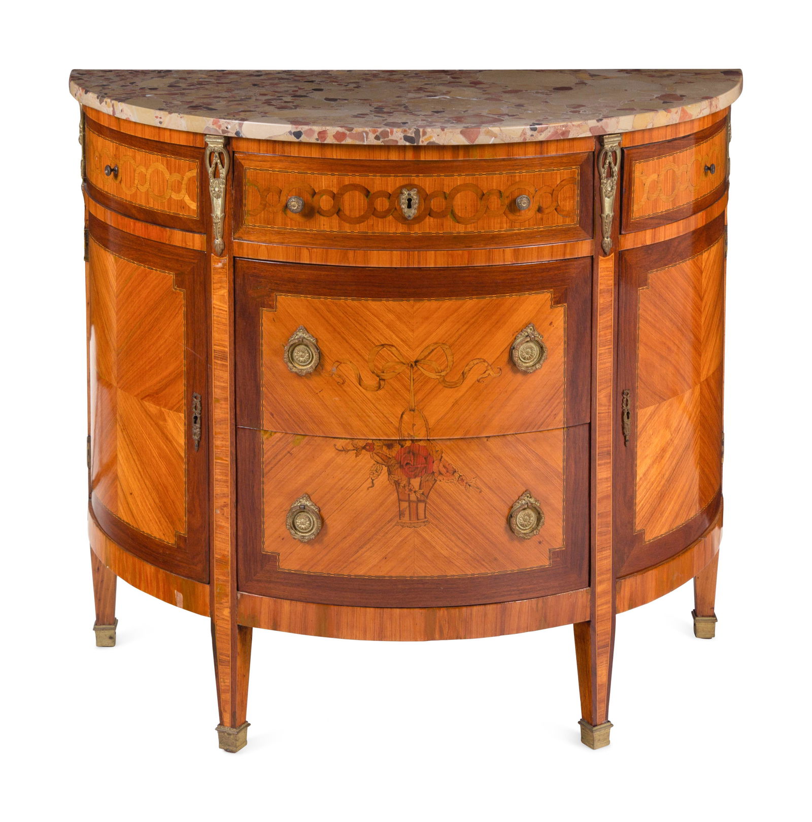 A Louis XVI Style Gilt Metal-Mounted Marquetry Marble-Top Demilune Commode (1 of 5)