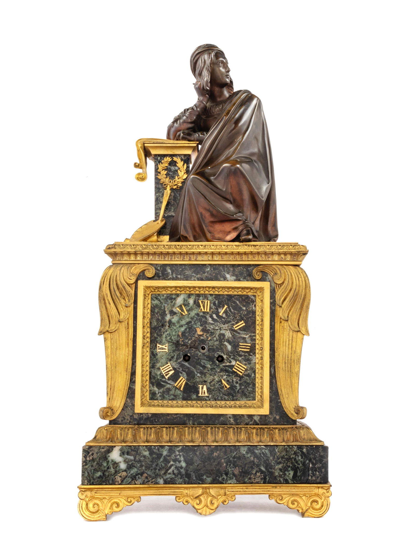A Louis Philippe Verde Antico Marble, Gilt and Patinated Bronze Figural Mantel Clock   (1 of 10)