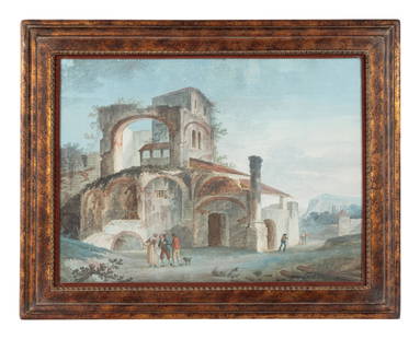 Attributed to Marco Ricci (Italian, 1676-1730): Attributed to Marco Ricci (Italian, 1676-1730) Landscape with Ruins and Figures gouache 15 x 20 1/8 inches (sight). This lot is located in Chicago. Provenance: By repute, Gift of Princess Sophia