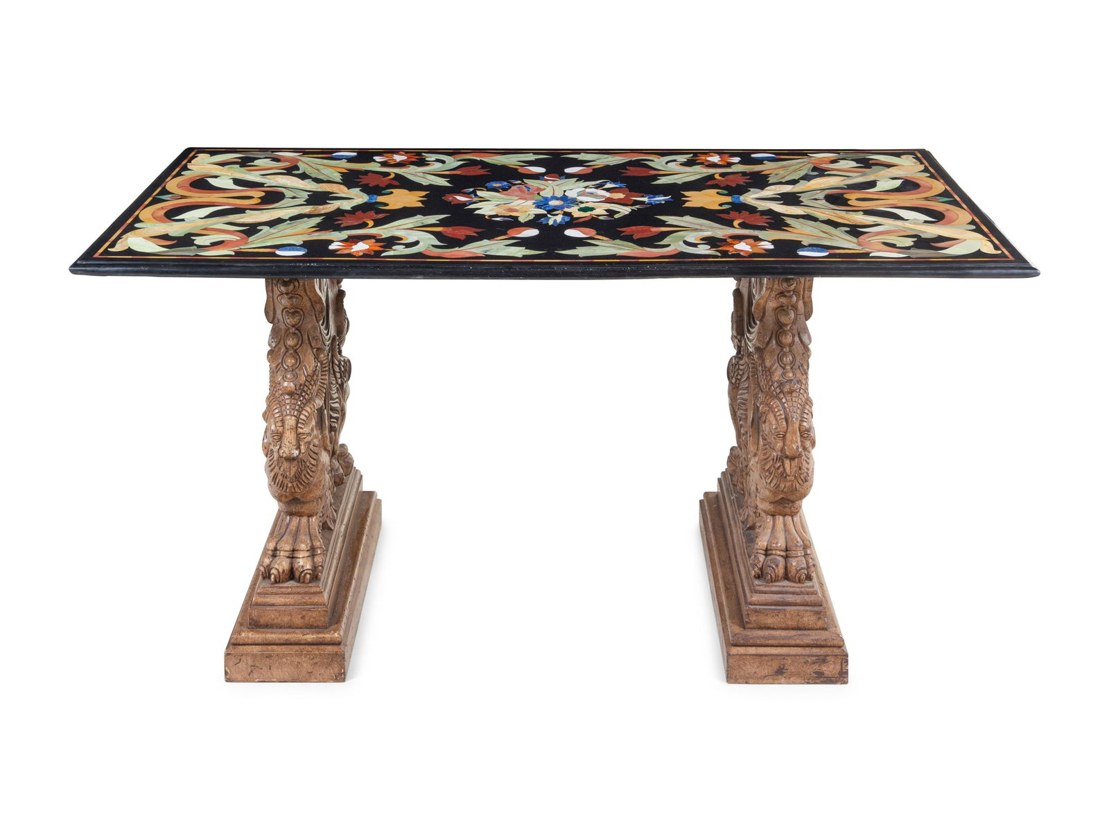 An Indian Pietra Dura Tabletop on an Associated Pair of Renaissance Revival Trestles (1 of 4)
