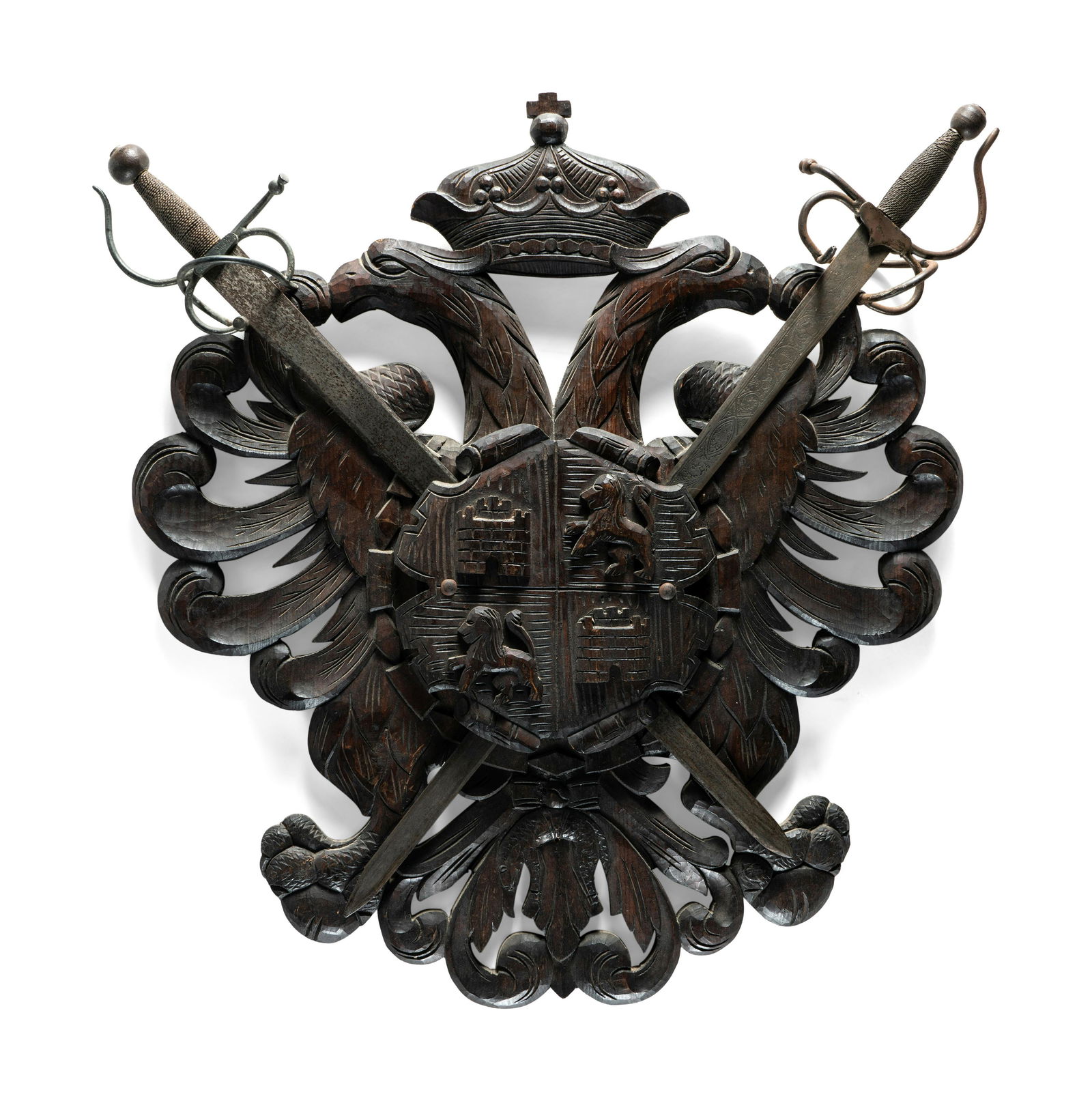 A Continental Carved Walnut Coat-of-Arms Plaque with Metal Crossed Swords (1 of 3)