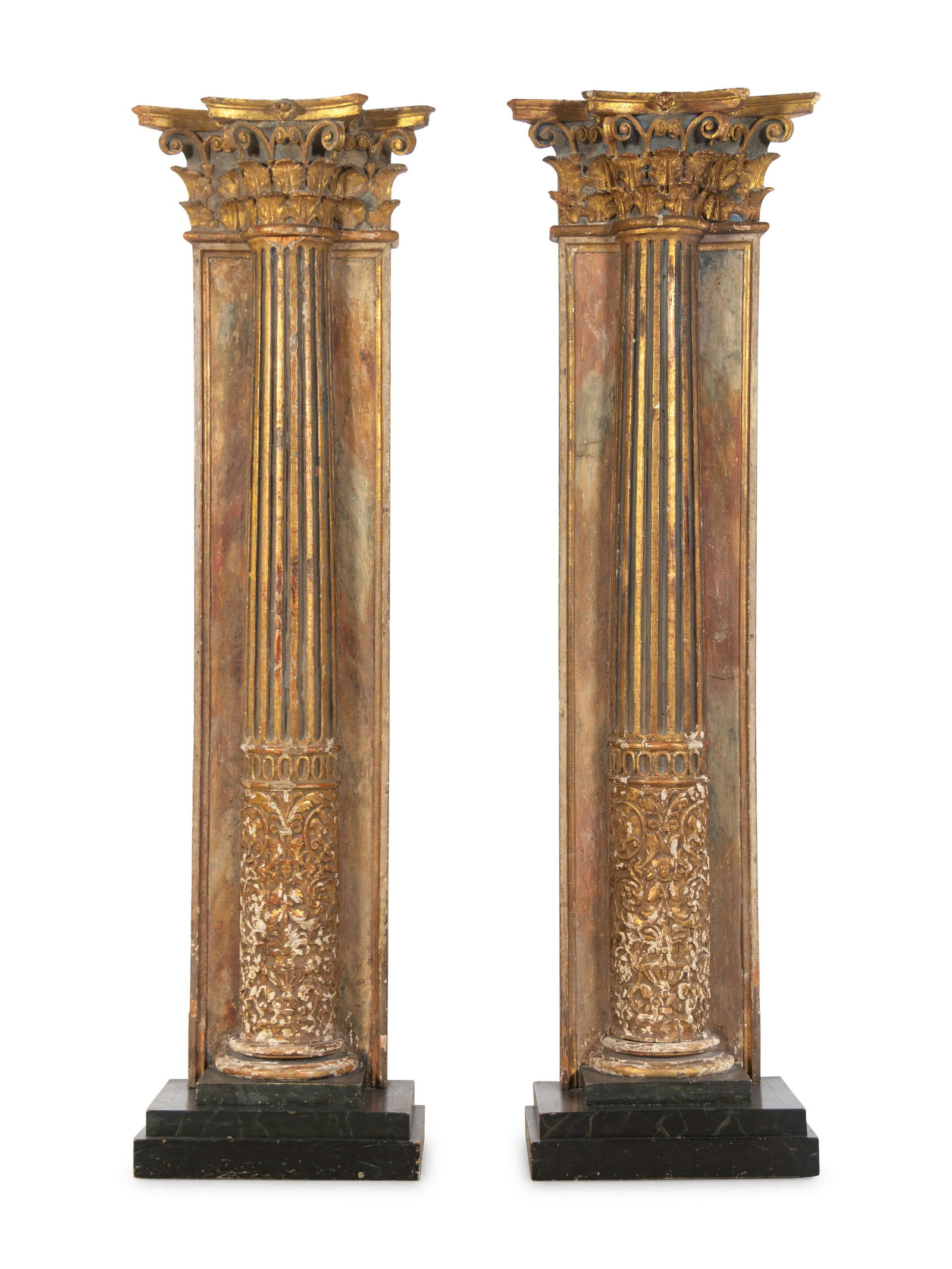 A Pair of Continental Painted and Parcel-Gilt Corinthian Columnar Pilasters (1 of 4)