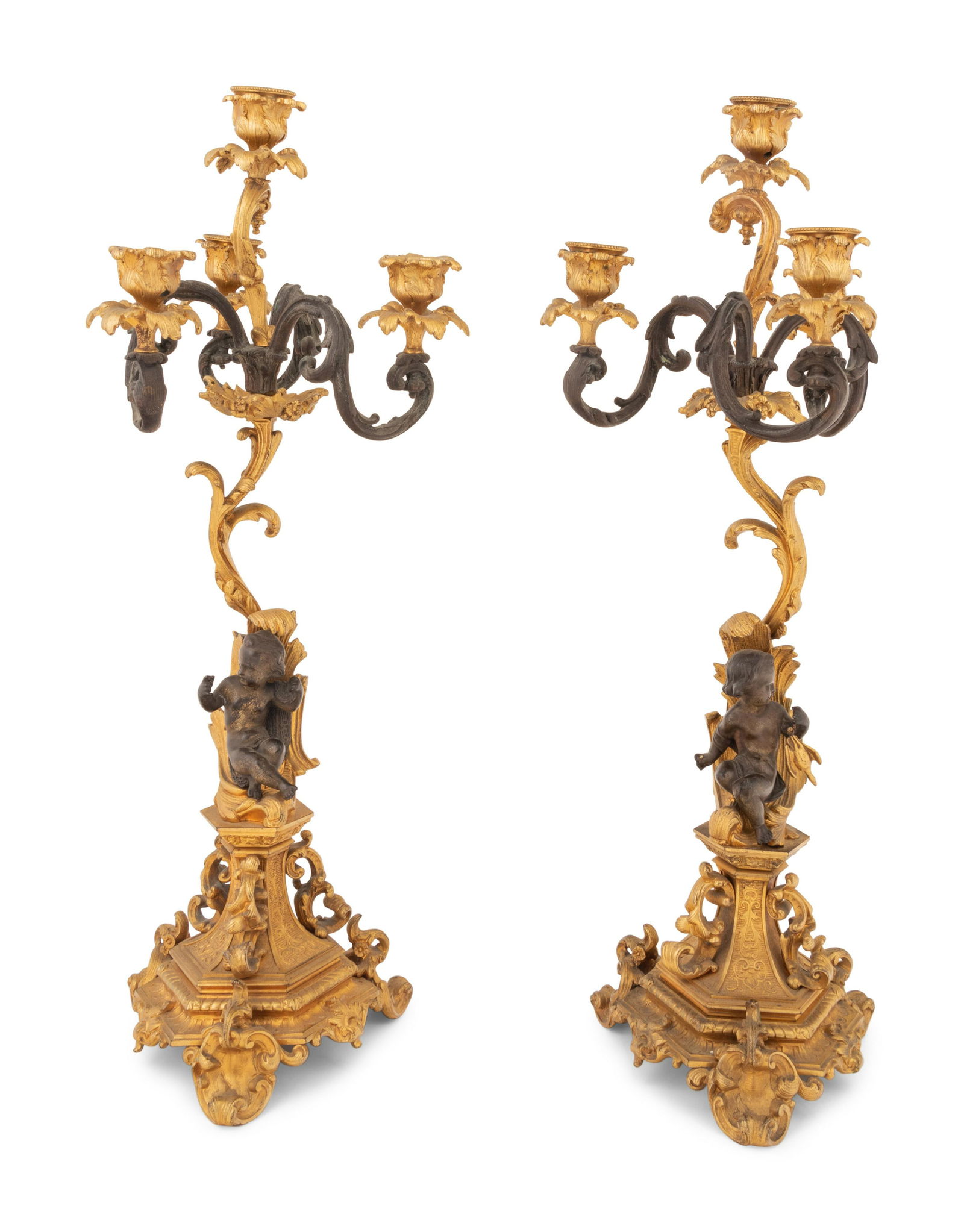 A Pair of Continental Gilt and Patinated Bronze Four-Light Candelabra (1 of 6)