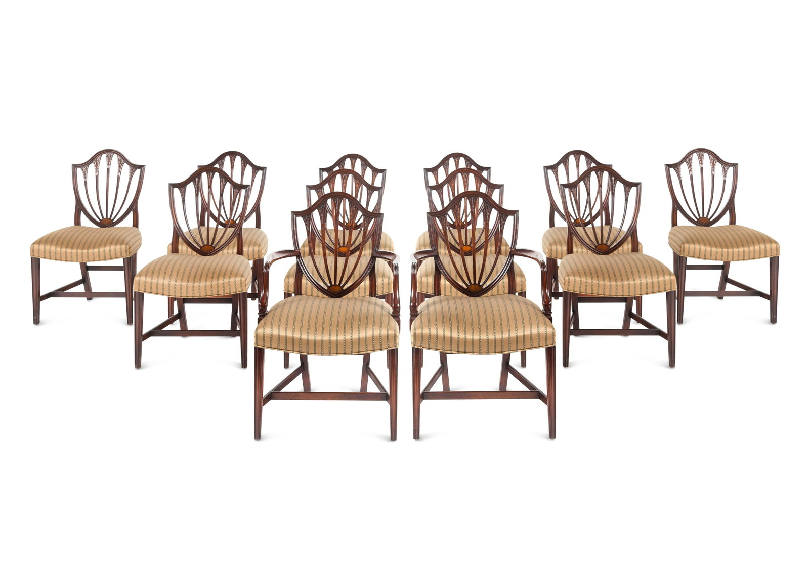 A Set of Twelve George III Style Mahogany Dining Chairs: A Set of Twelve George III Style Mahogany Dining Chairs 20th Century comprising two armchairs and ten side chairs. Height 37 x width 21 1/2 inches. This lot is located in Chicago.