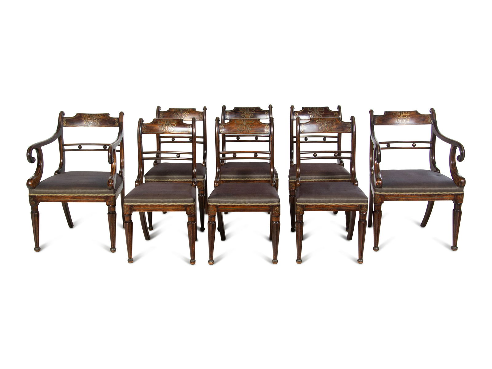 A Set of Eight Regency Brass-Inlaid Faux Grain Dining Chairs   (1 of 3)