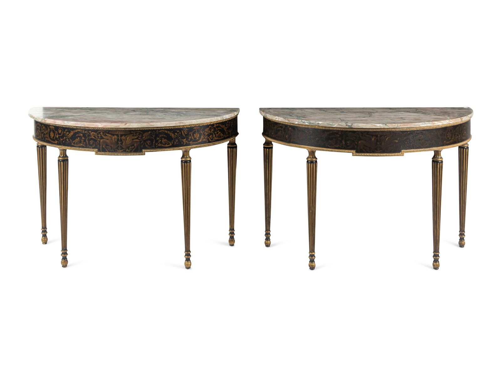 A Pair of Regency Style Painted Demilune Marble-Top Console Tables (1 of 4)
