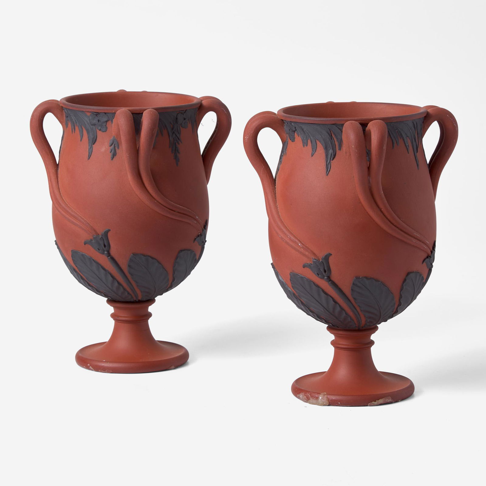 A Pair of Wedgwood Black Basaltes-Decorated Rosso Antico "Tendril" Vases UK, circa 1800 (1 of 4)
