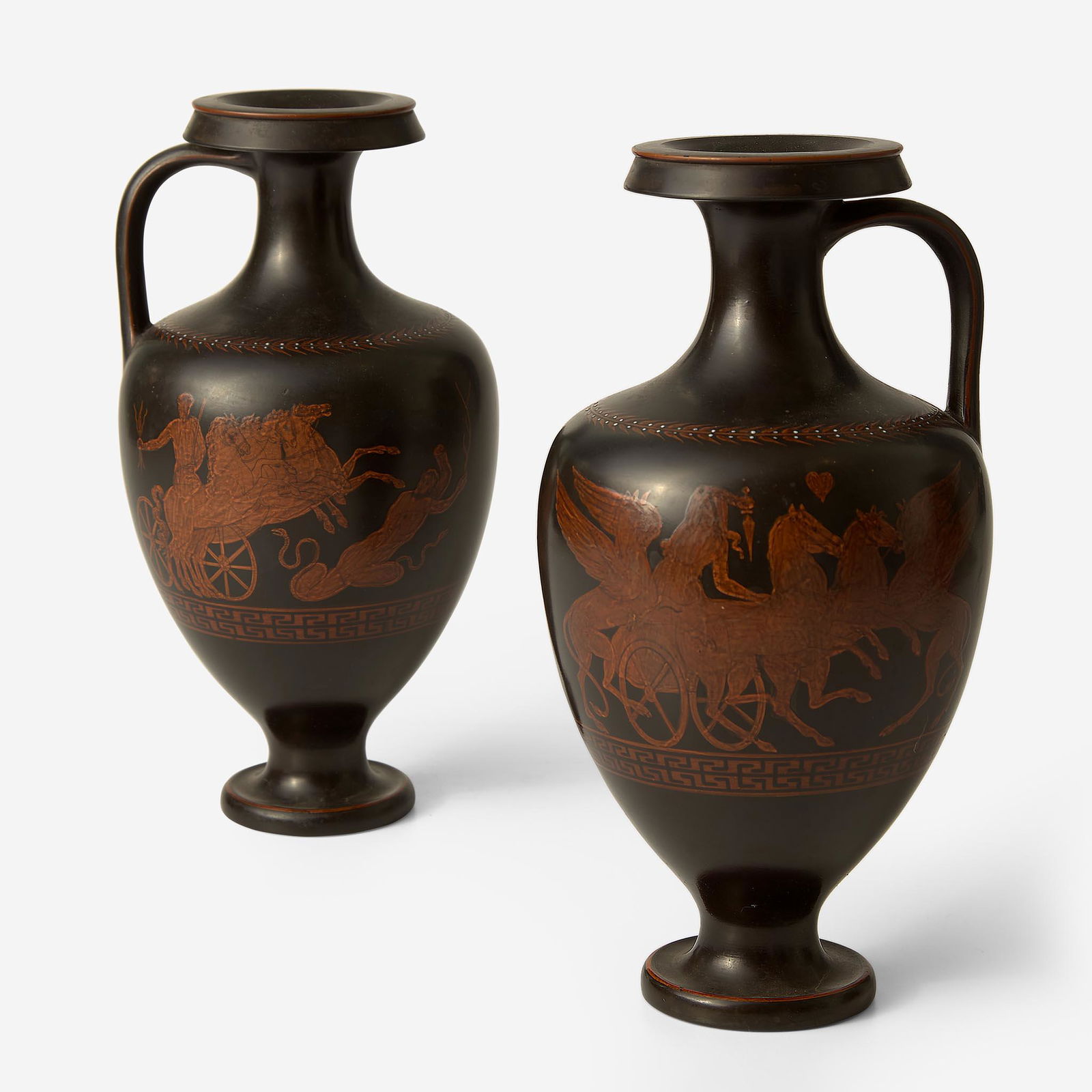 A Pair of Wedgwood Black Basalt Handled Vases with Red Figure Decoration UK, circa 1860 (1 of 3)