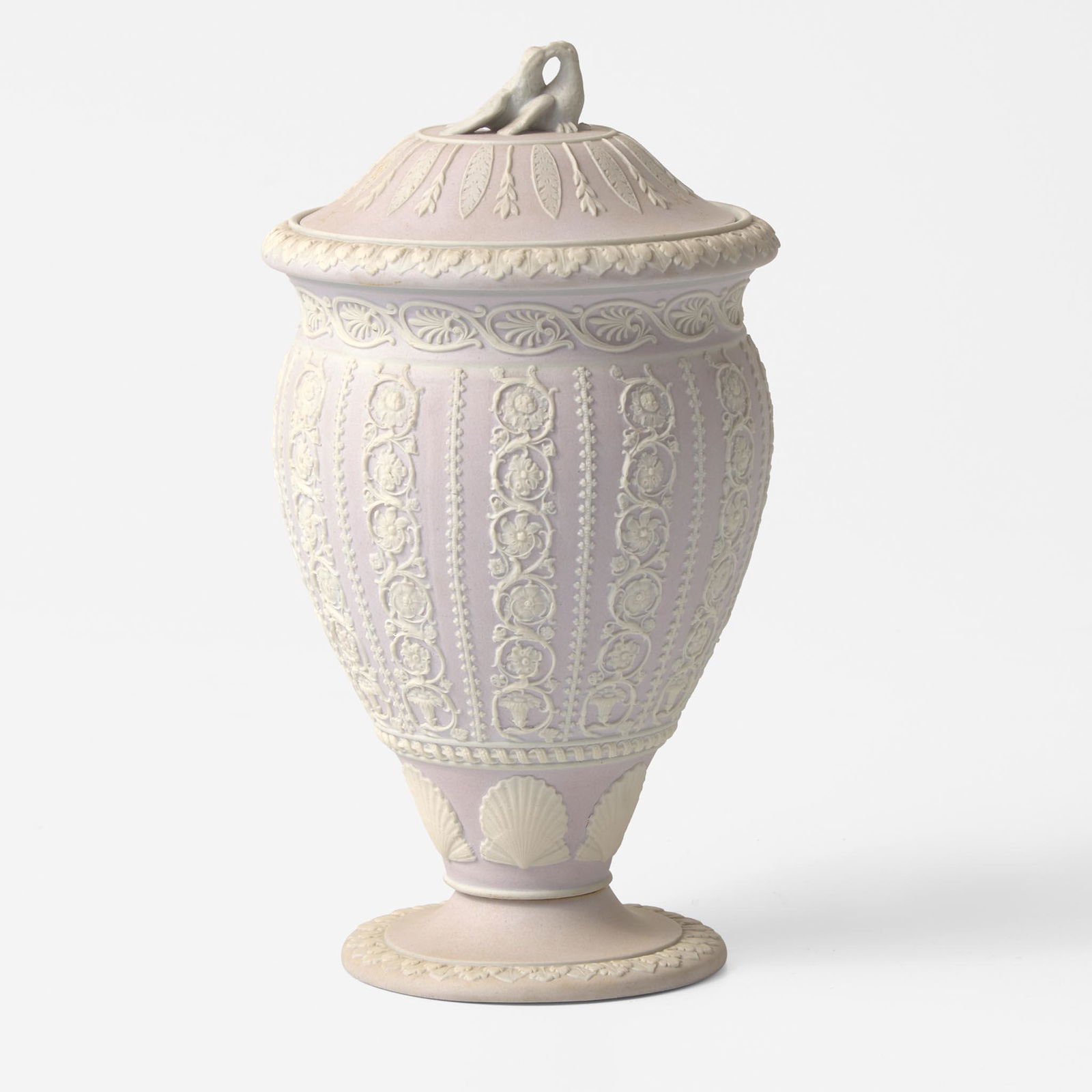 A Wedgwood Lilac Dip Jasperware "Shell and Arabesque" Vase and Cover UK, 1870s or 1880s (1 of 3)