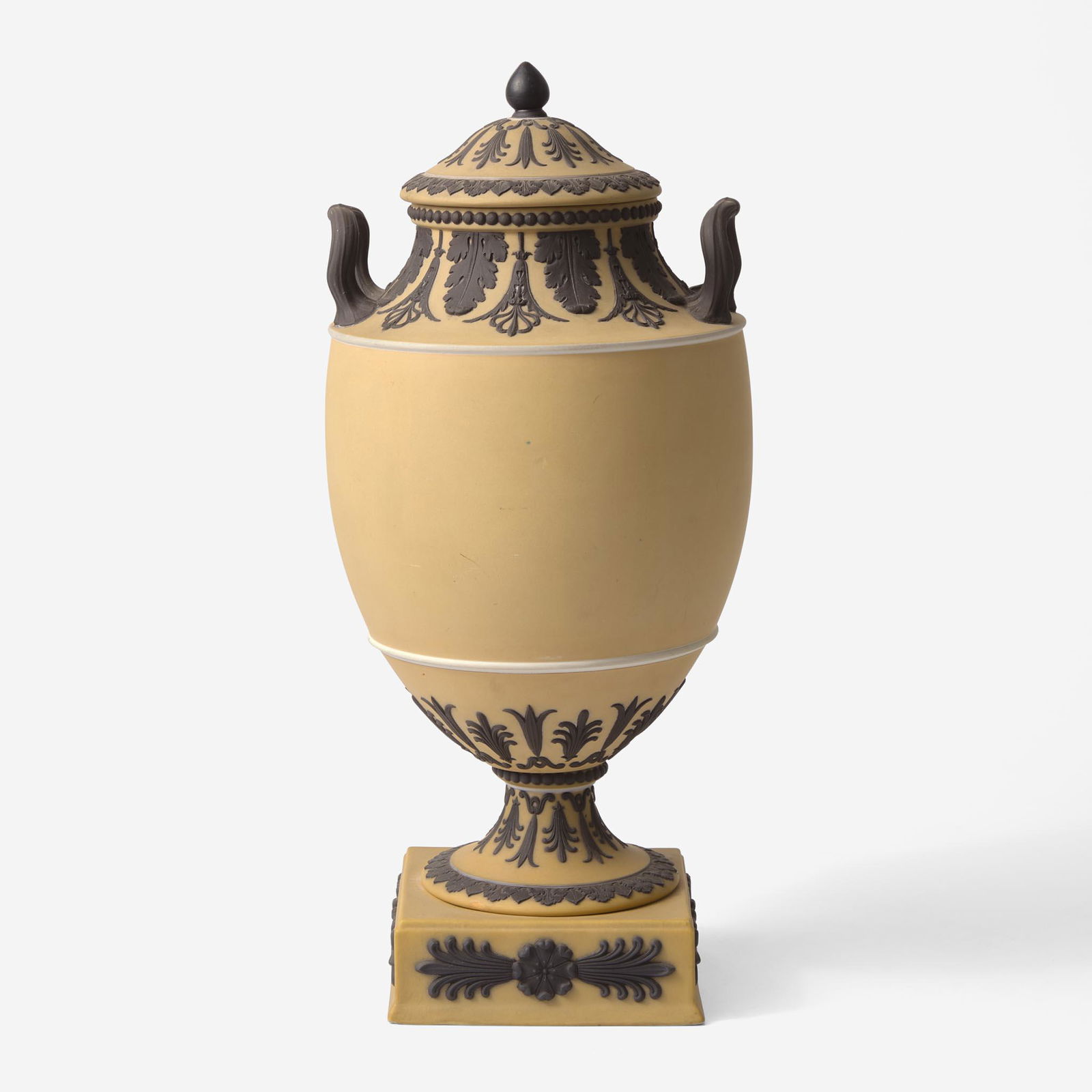 A Wedgwood Buff Yellow Dip and Solid Black Jasperware Vase and Cover UK, circa 1880 (1 of 3)